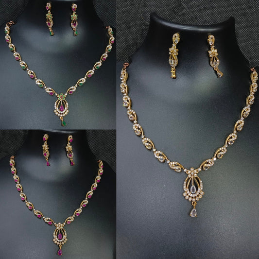 Elegant Gold-Plated CZ Necklace & Earrings Set with Ruby and Emerald Accents