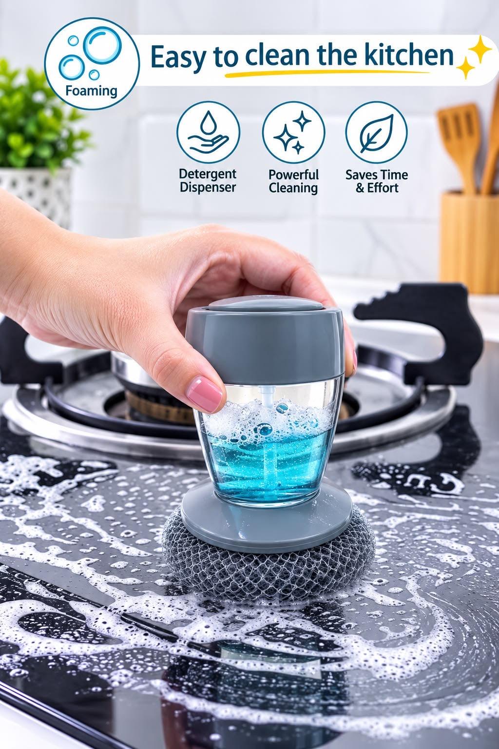 2-in-1 Foaming Dish Scrubber with Soap Dispenser & Deep-Cleaning Scrub Pad