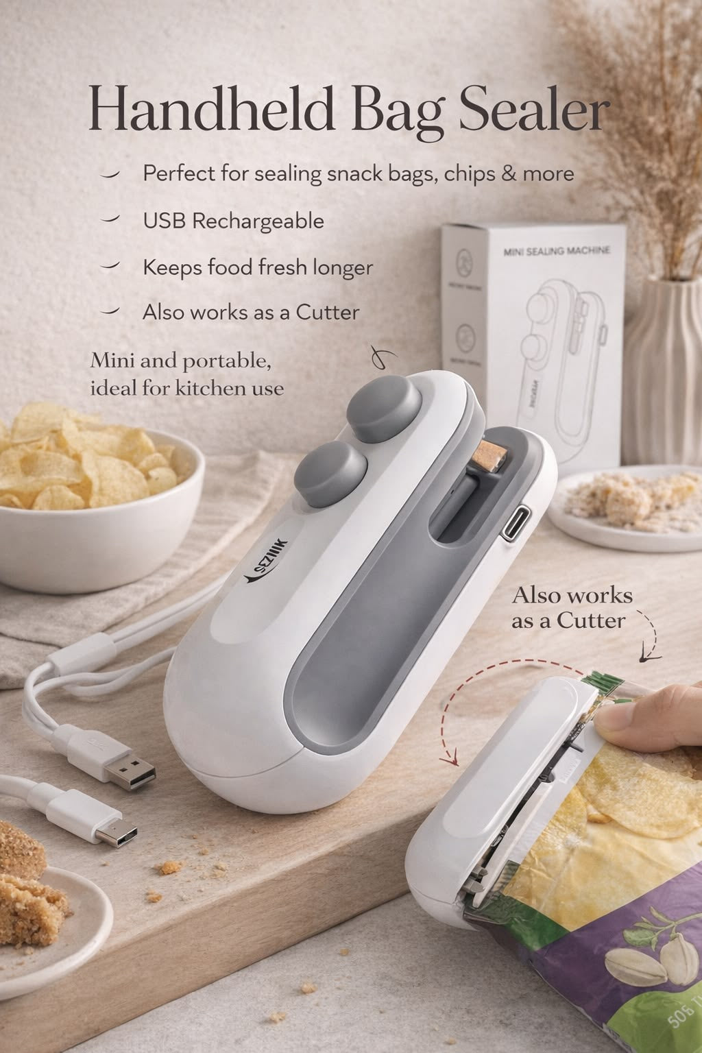 2-in-1 Rechargeable Bag Sealer & Cutter – USB-C Mini Heat Sealer
