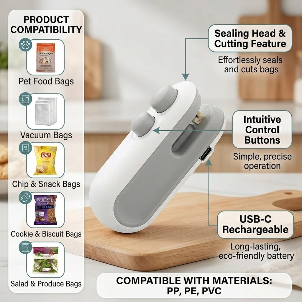 2-in-1 Rechargeable Bag Sealer & Cutter – USB-C Mini Heat Sealer